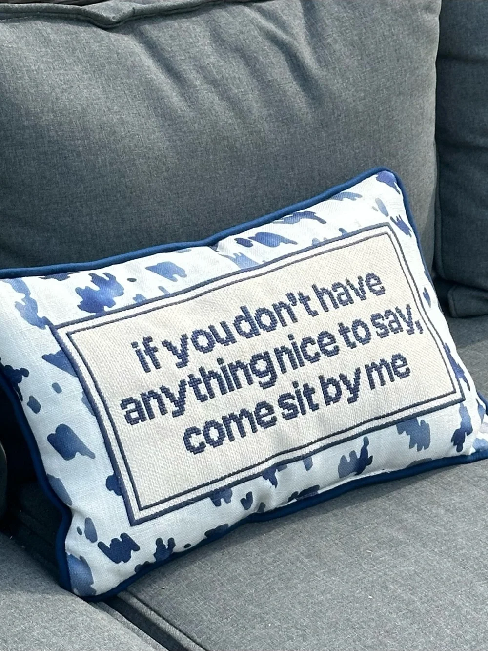Anthropologie Blue and Navy Embroidered Text Accent Pillow